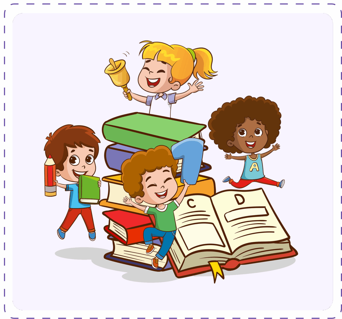 Children happily playing around books and letters.