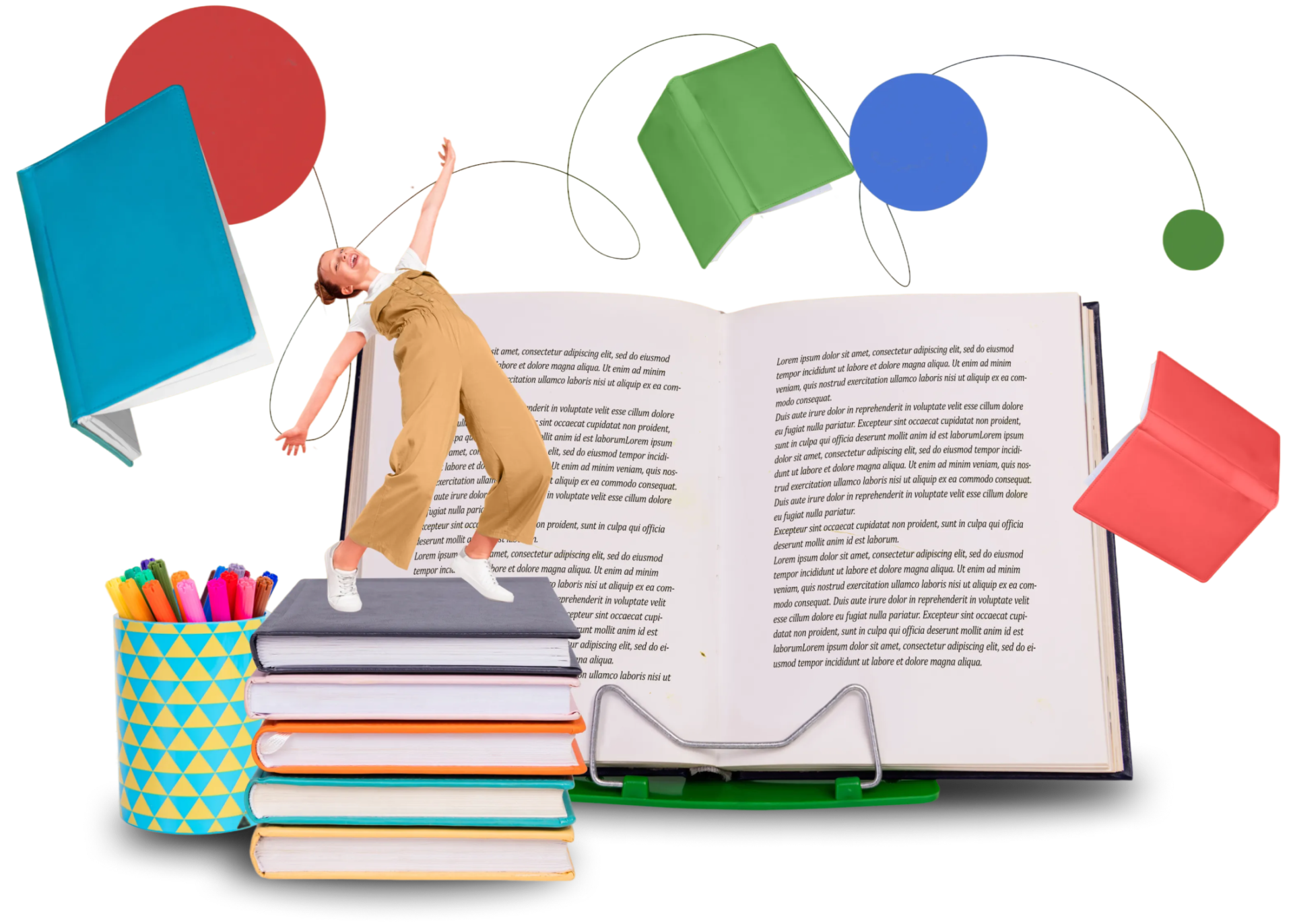 Woman on books, surrounded by floating objects.
